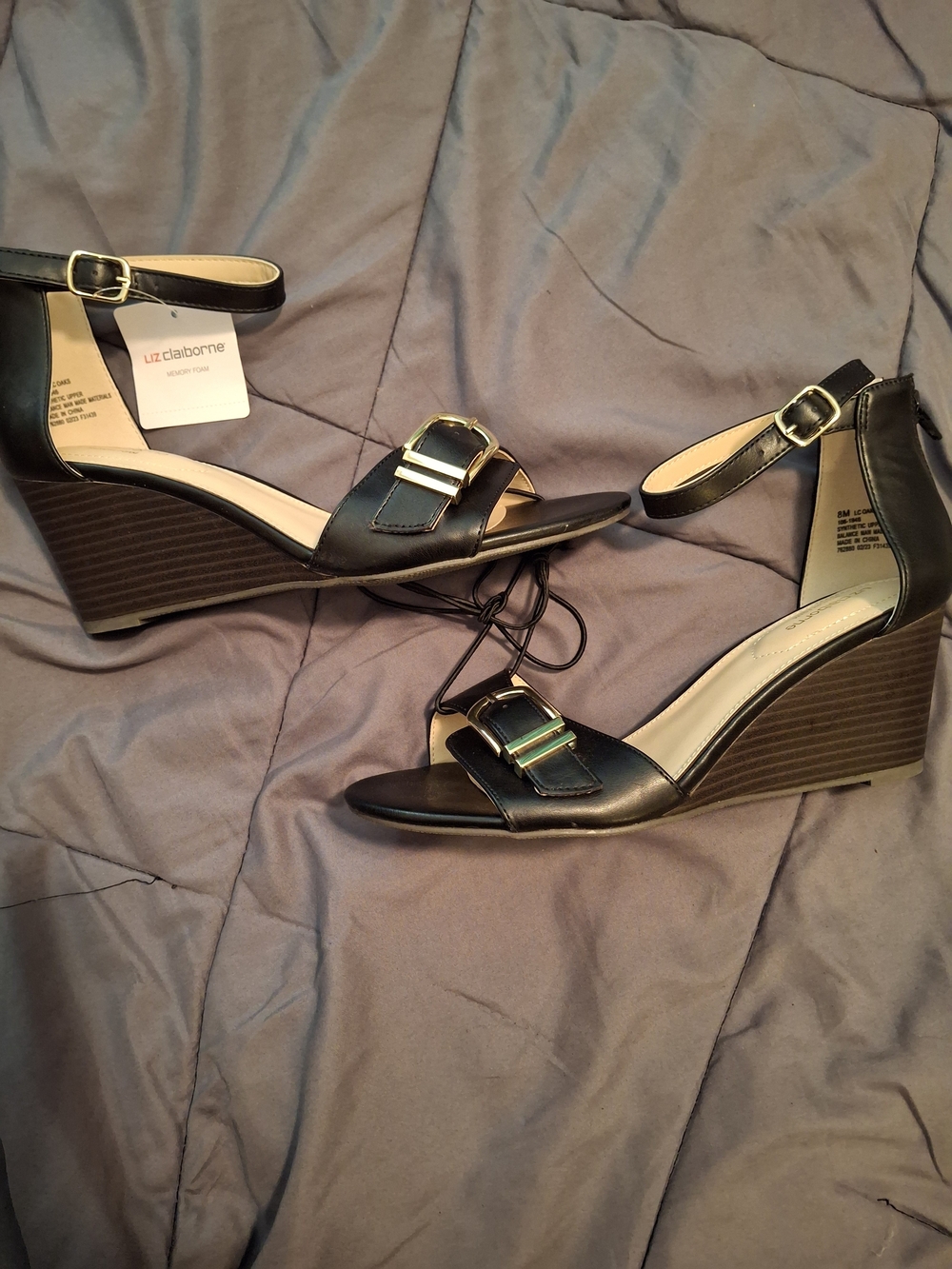 Liz Claiborne Black Leather Wedge Sandals with Gold Buckle Accents